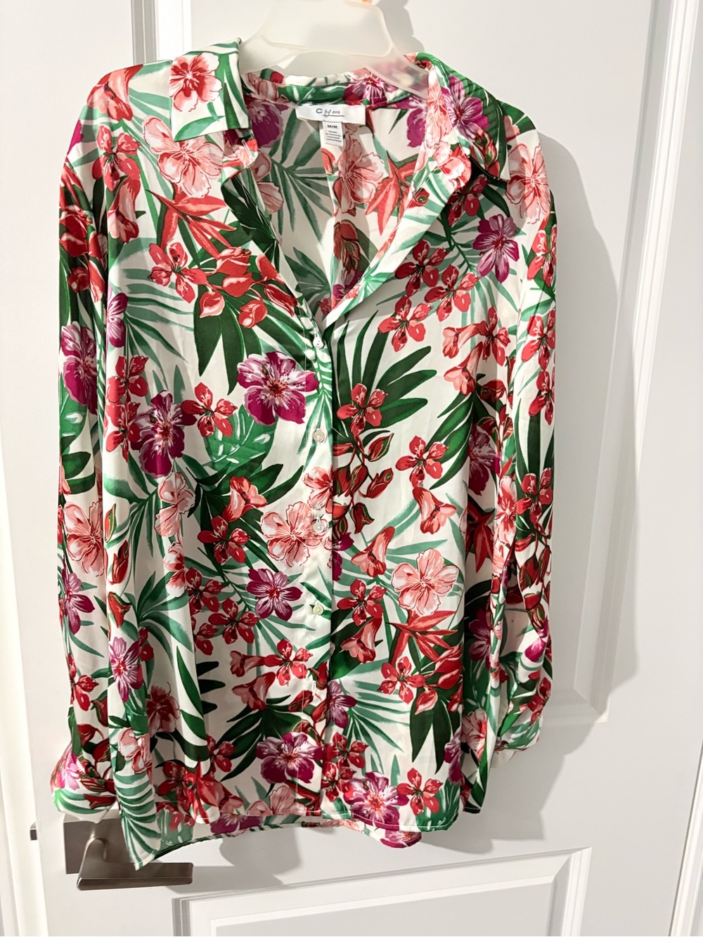 Tropical Floral Button-Front Blouse - Green/Red/Pink